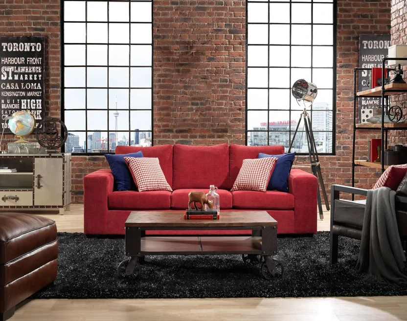 Leon's "Fava" Condo-Sized Red Sofa w/ Houndstooth Pillows - photo 3