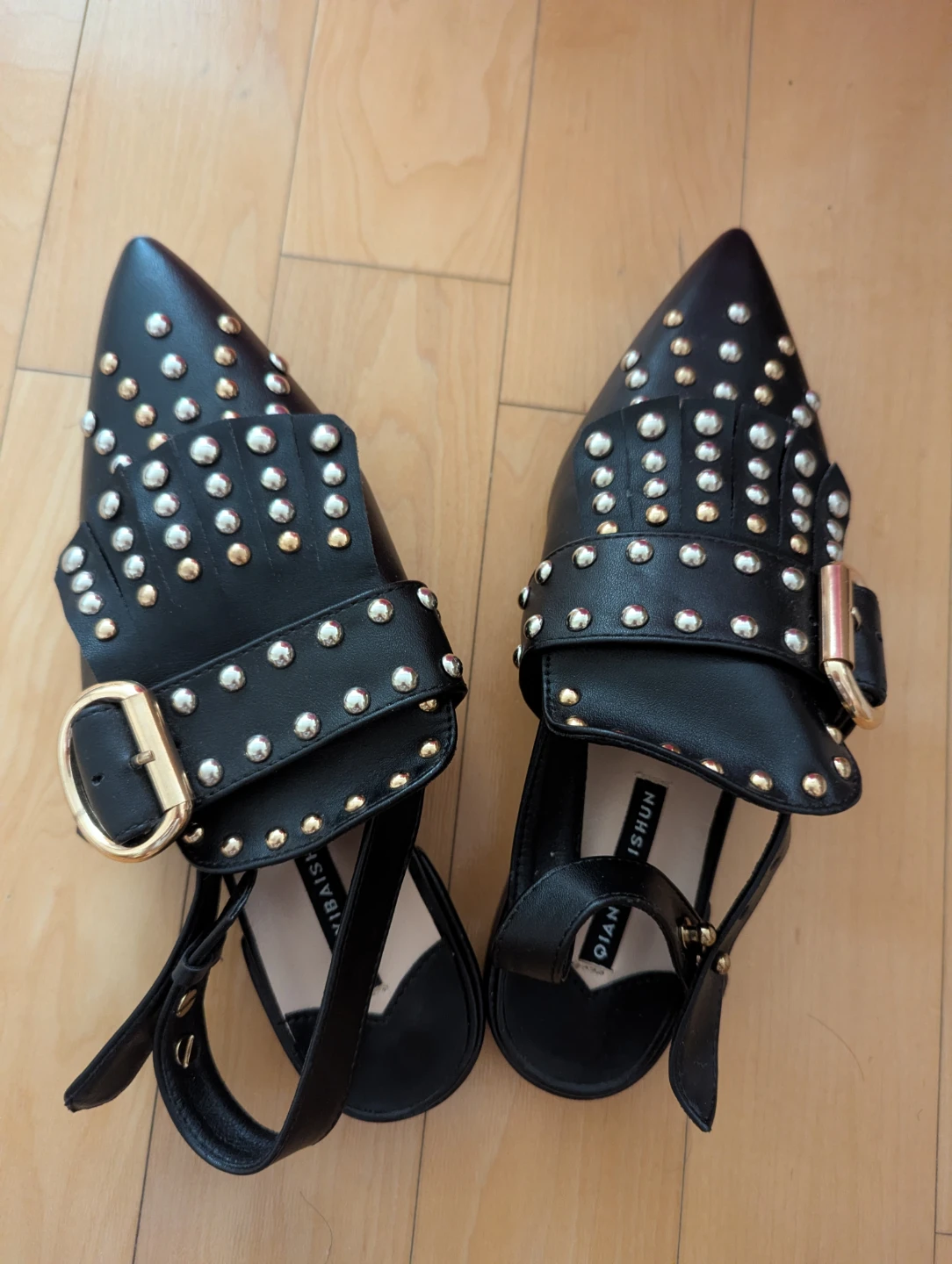 Black Studded Pointed Slingback Sandals