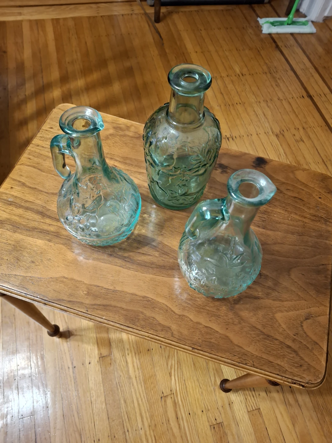 Vintage Aqua Glass Cruet and Decanter Set - 3 Pieces