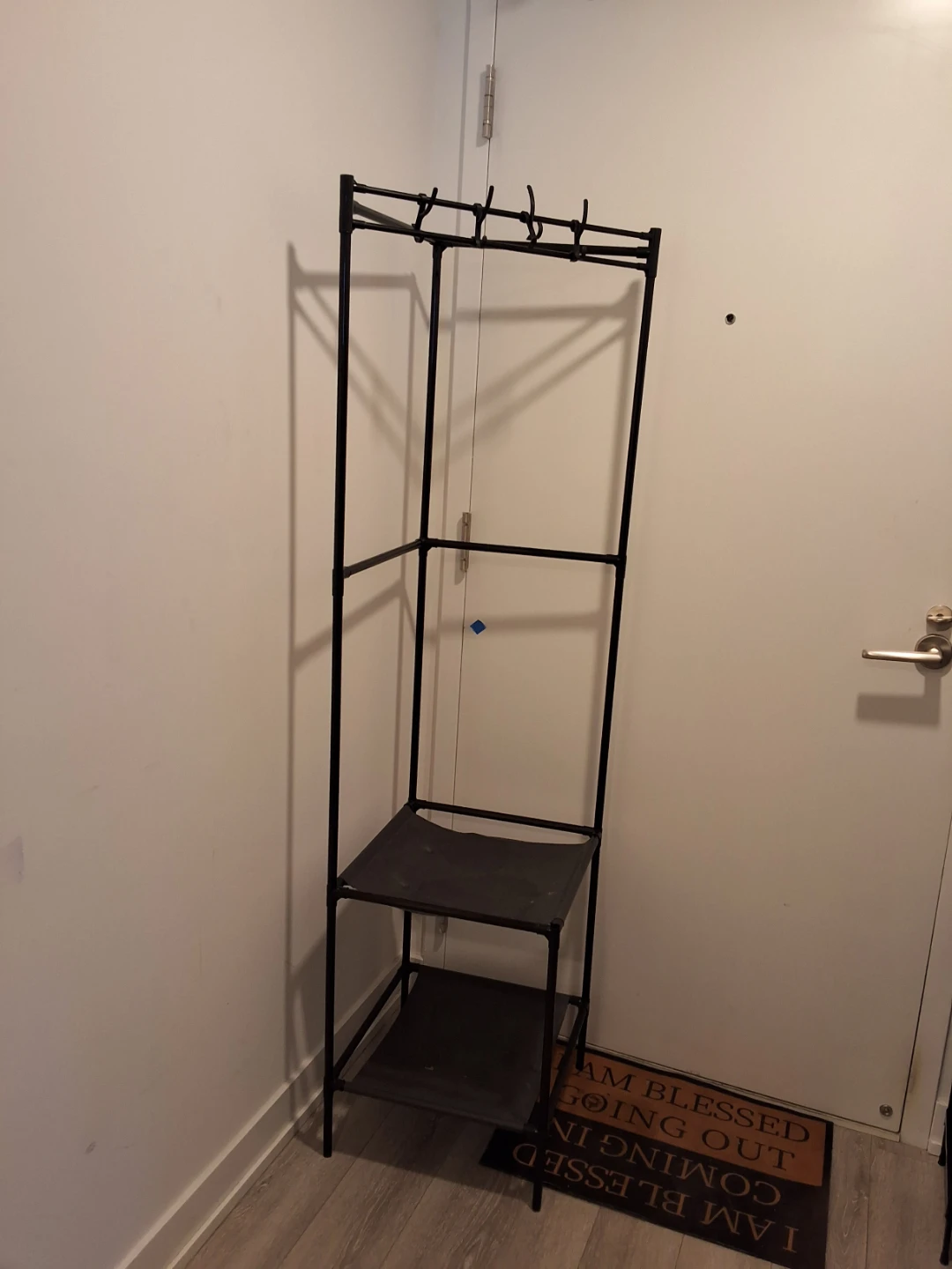 Black Corner Coat Rack and Storage Shelf