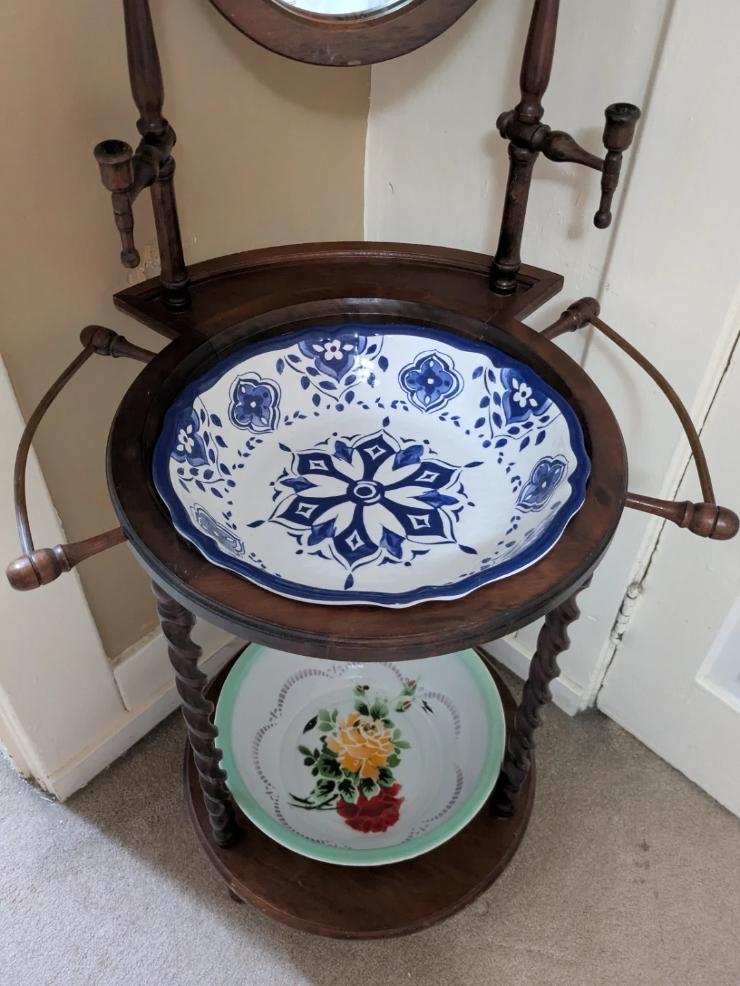 Vintage Wooden Washstand with Mirror and Basins - photo 3