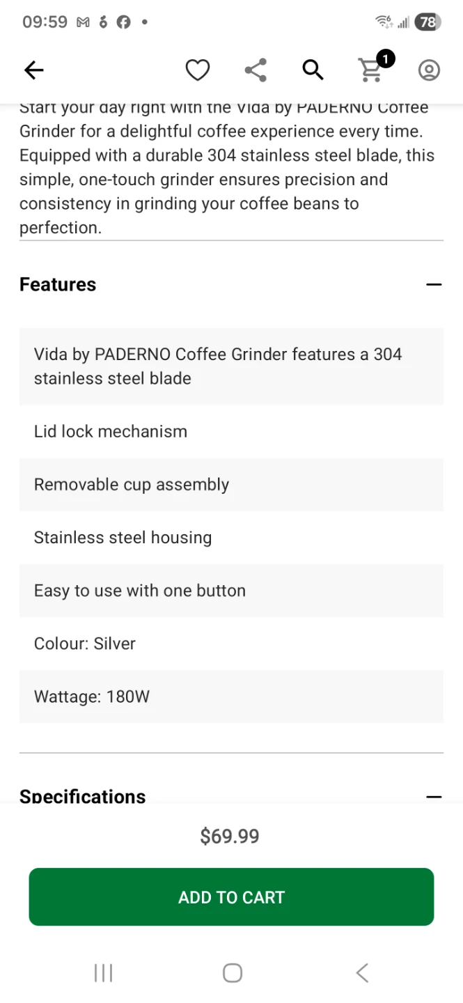 Vida by Paderno Stainless Steel Electric Coffee Grinder - photo 4