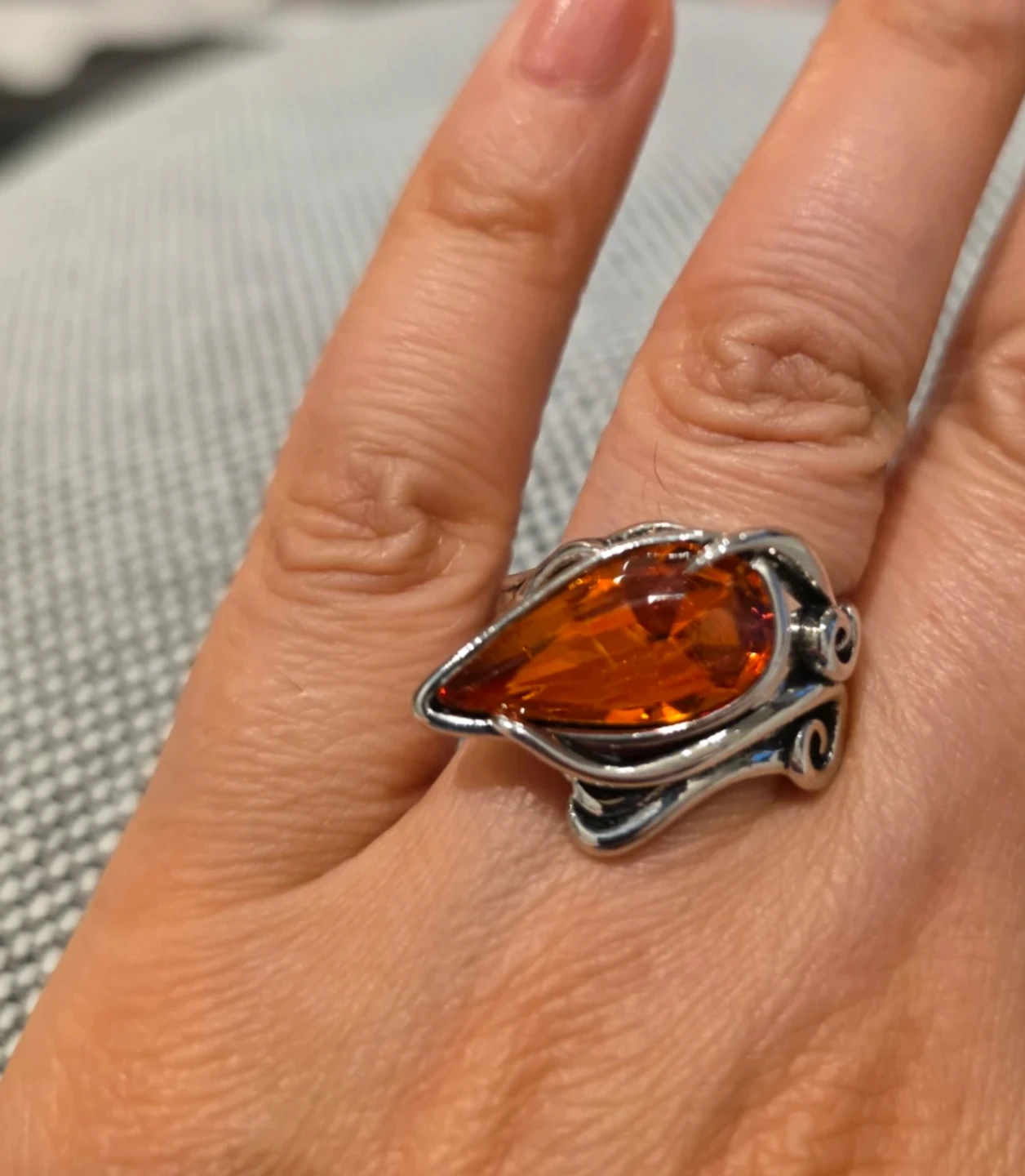 Silver Tone  Amber Teardrop Ring