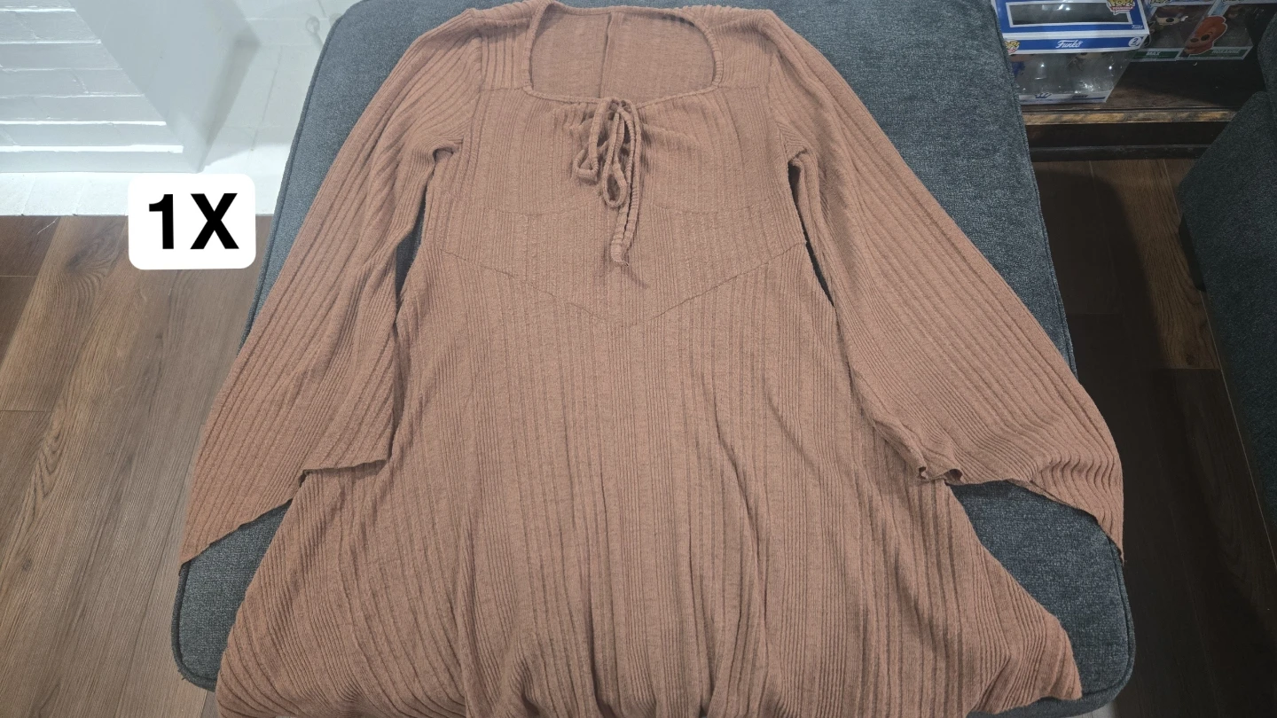 Brown Ribbed Bell Sleeve Dress 1X