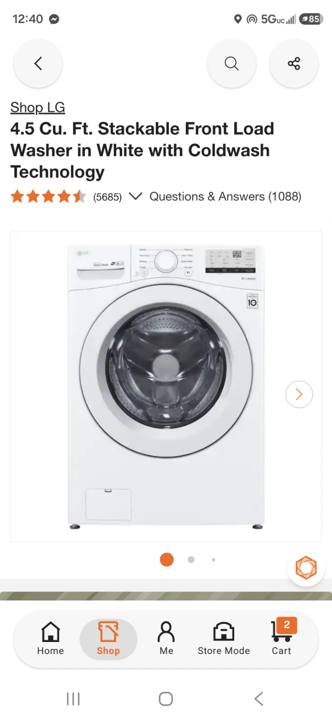 LG 4.5 Cu. Ft. Stackable Front Load Washer in White