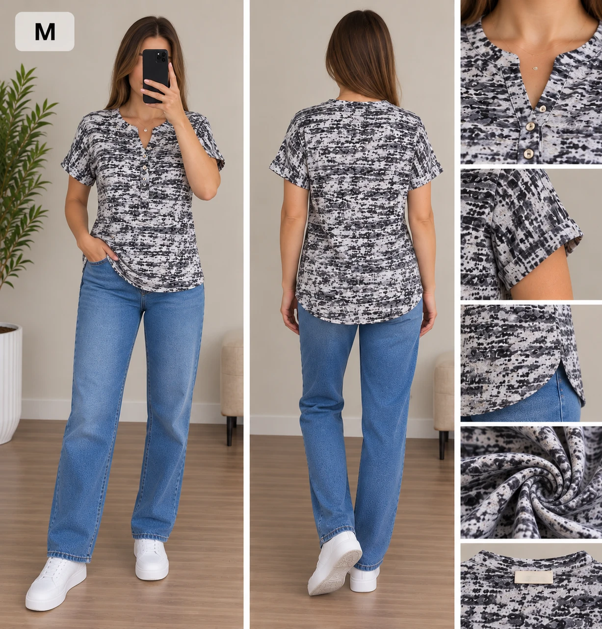 City Line Black and White Patterned Top size M