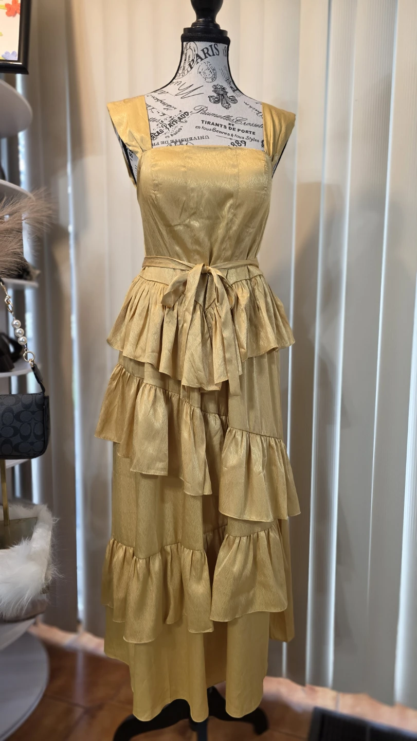 Gold Ruffled Sleeveless Midi Dress
