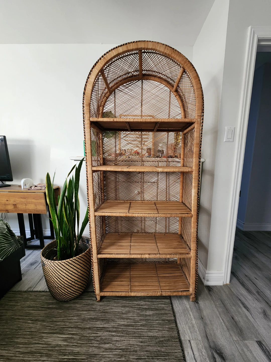 Vintage Wicker Rattan Arched Bookshelf