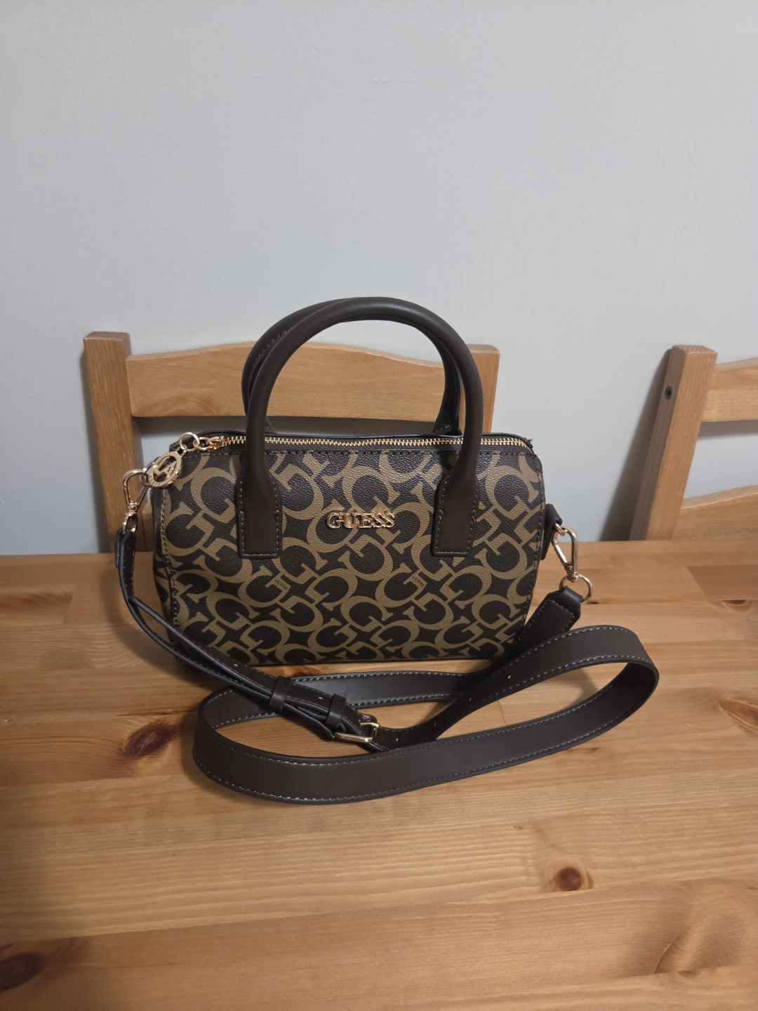 Guess Brown Logo Print Satchel Bag