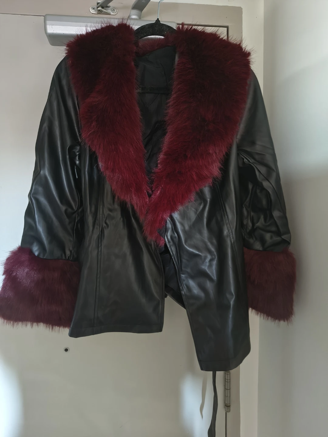Black Faux Leather Jacket with Burgundy Faux Fur Trim