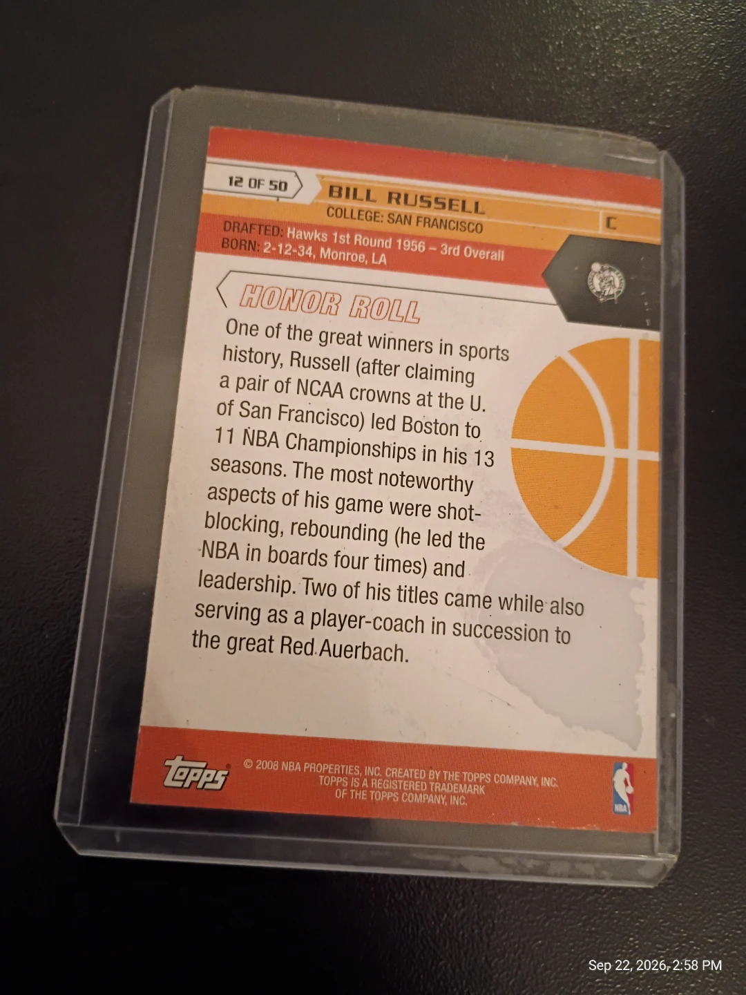 2008 Topps Bill Russell Basketball Card - photo 2