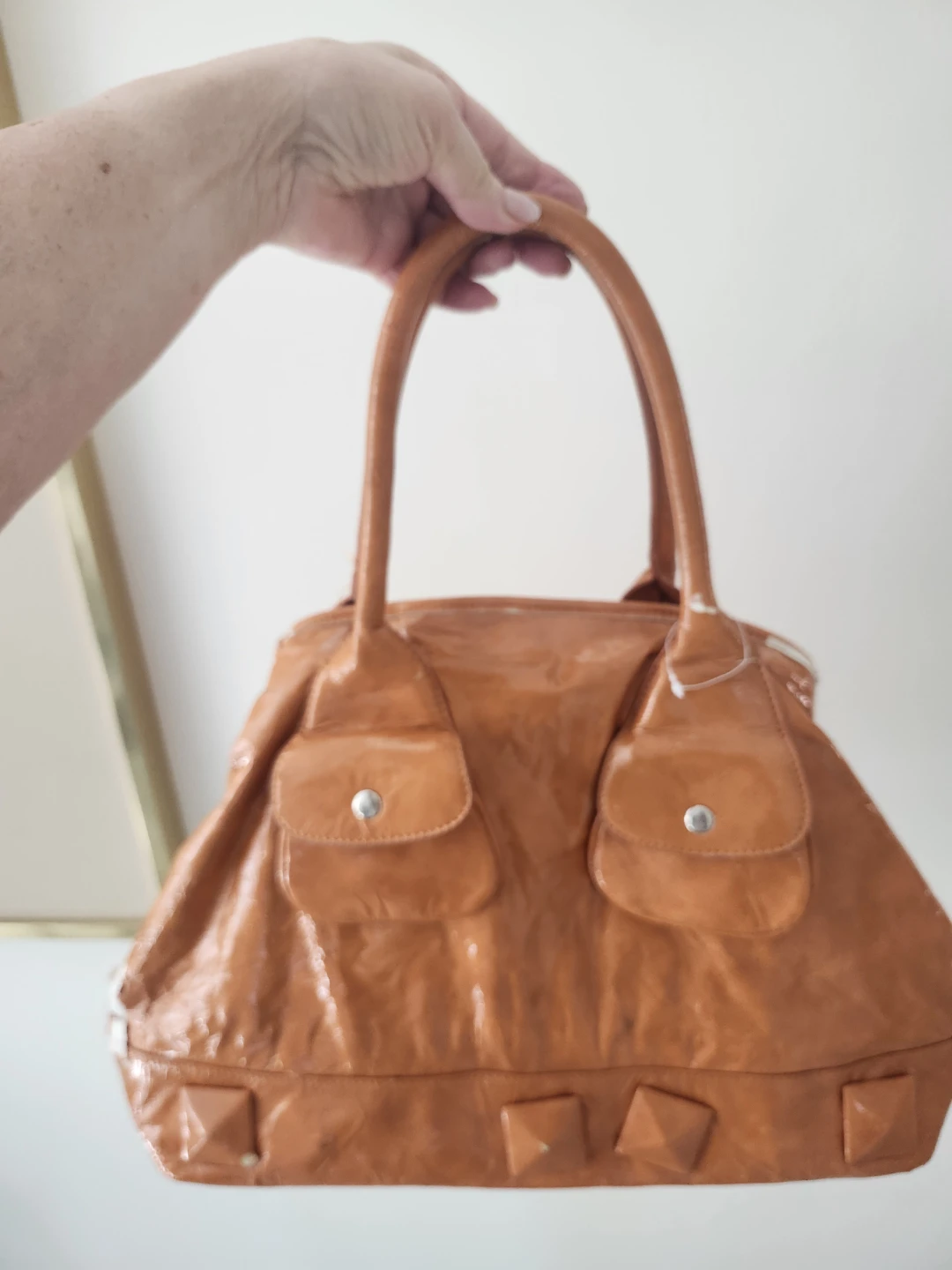 Shiny Orange Faux Leather Satchel Handbag
