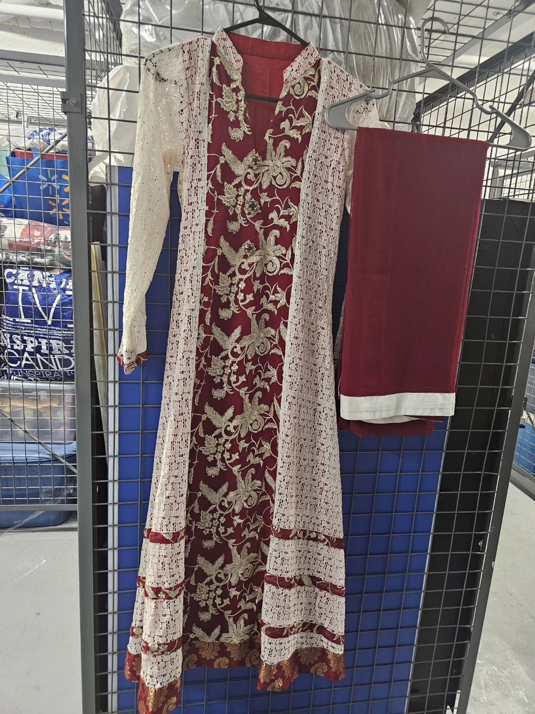 Red and White Embroidered Kurti Set