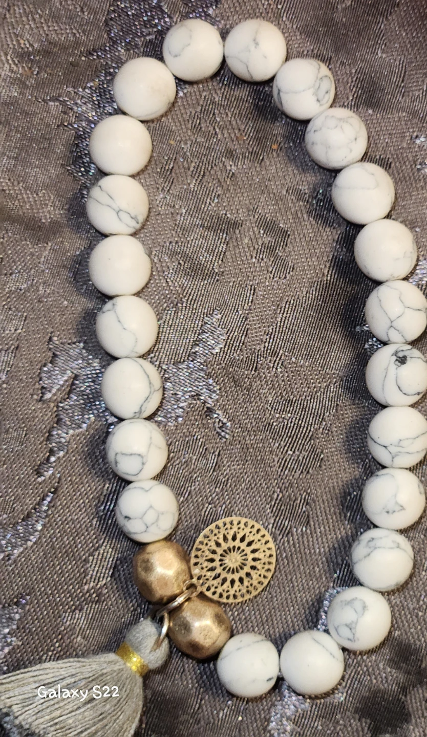 White Howlite & Brass Charm Stretch Bracelet with Tassel - photo 3