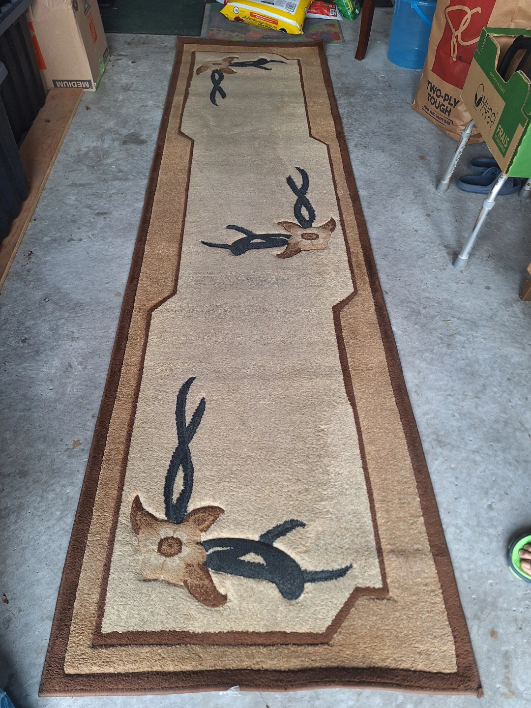 Tan and Brown Floral Design Runner Rug
