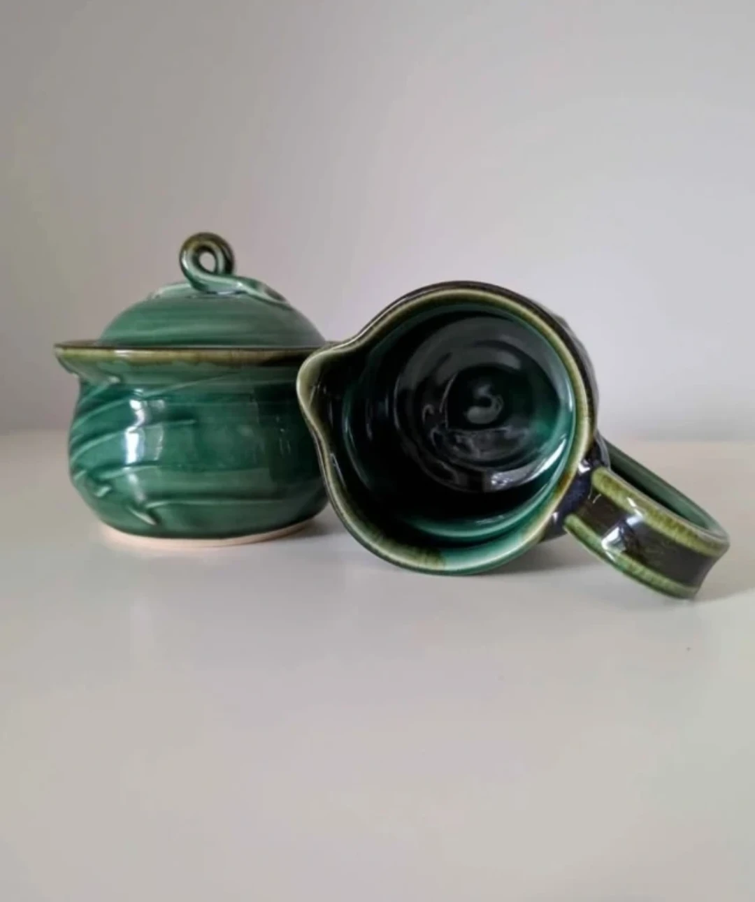 Handmade Green Ceramic Sugar Bowl and Creamer Set 🏈 - photo 2