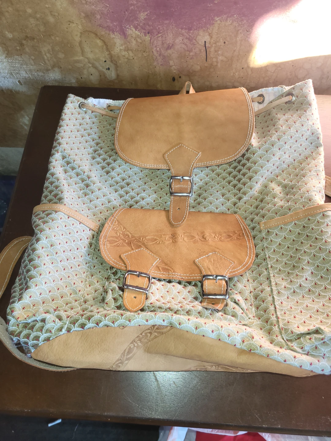 Vintage patterned fabric and leather backpack