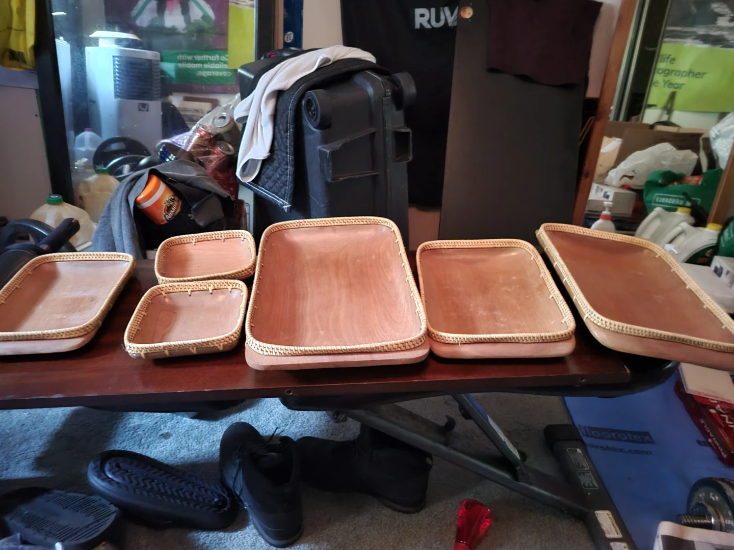 Set of 5 Wooden Trays with Rattan Trim - photo 2