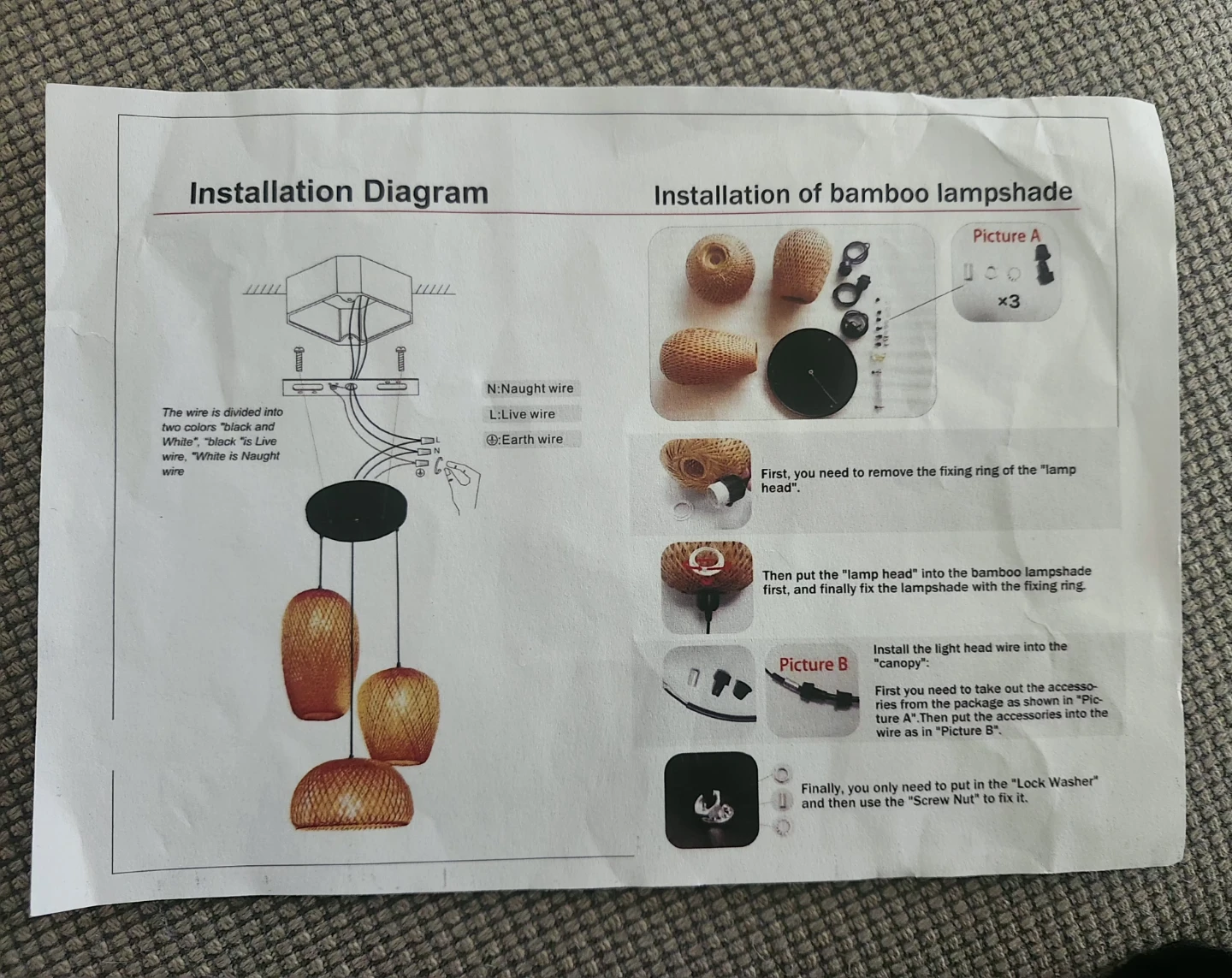 Bamboo Lampshade Set with Installation Diagram - photo 3