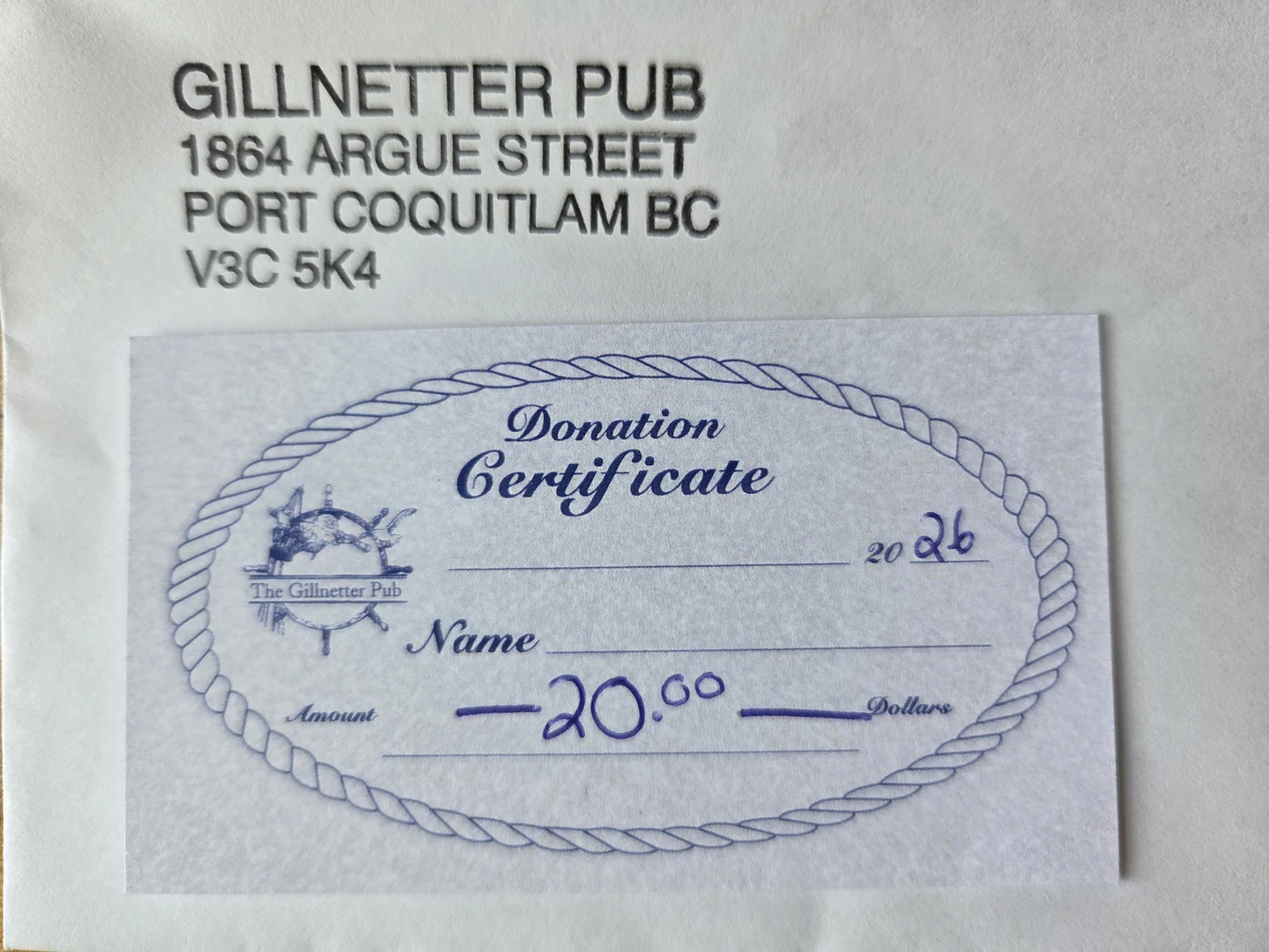 $20 Gift Certificate - Gillnetter Pub