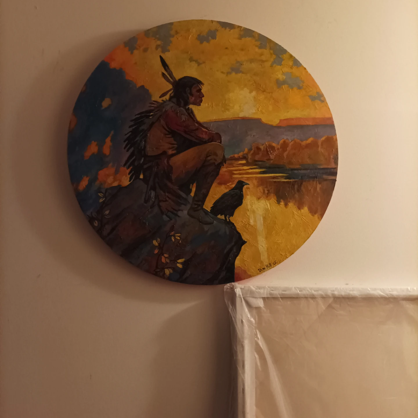 Round Painting of Indigenous Man with Raven - photo 4