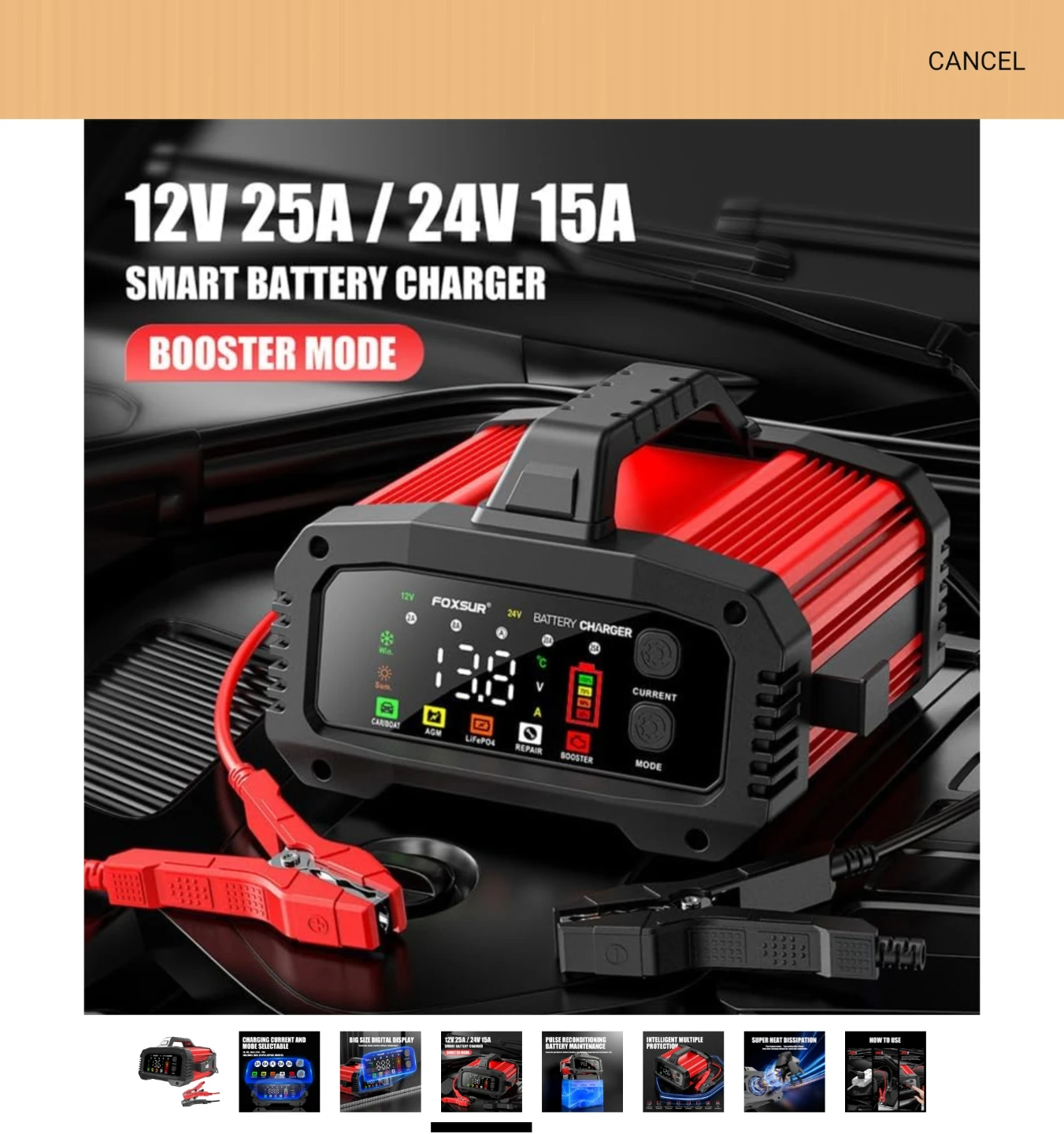 Foxsur 12V 25A / 24V 15A Smart Battery Charger - photo 4