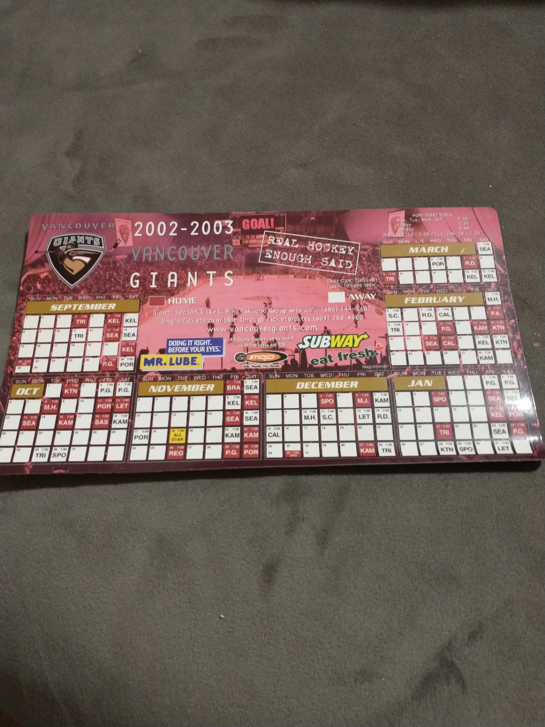 WHL Vancouver Giants 2002-2003 Magnetic Schedule - photo 2