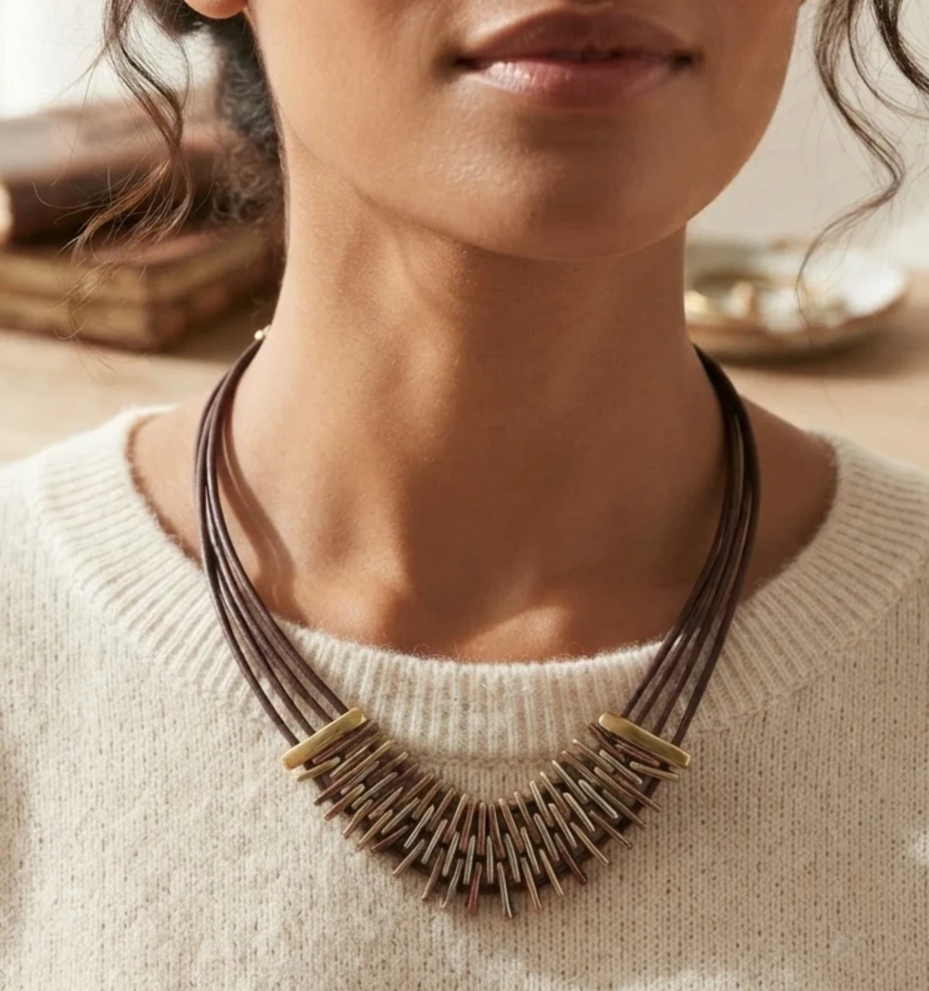Vintage Mixed Metal and Leather Statement Necklace