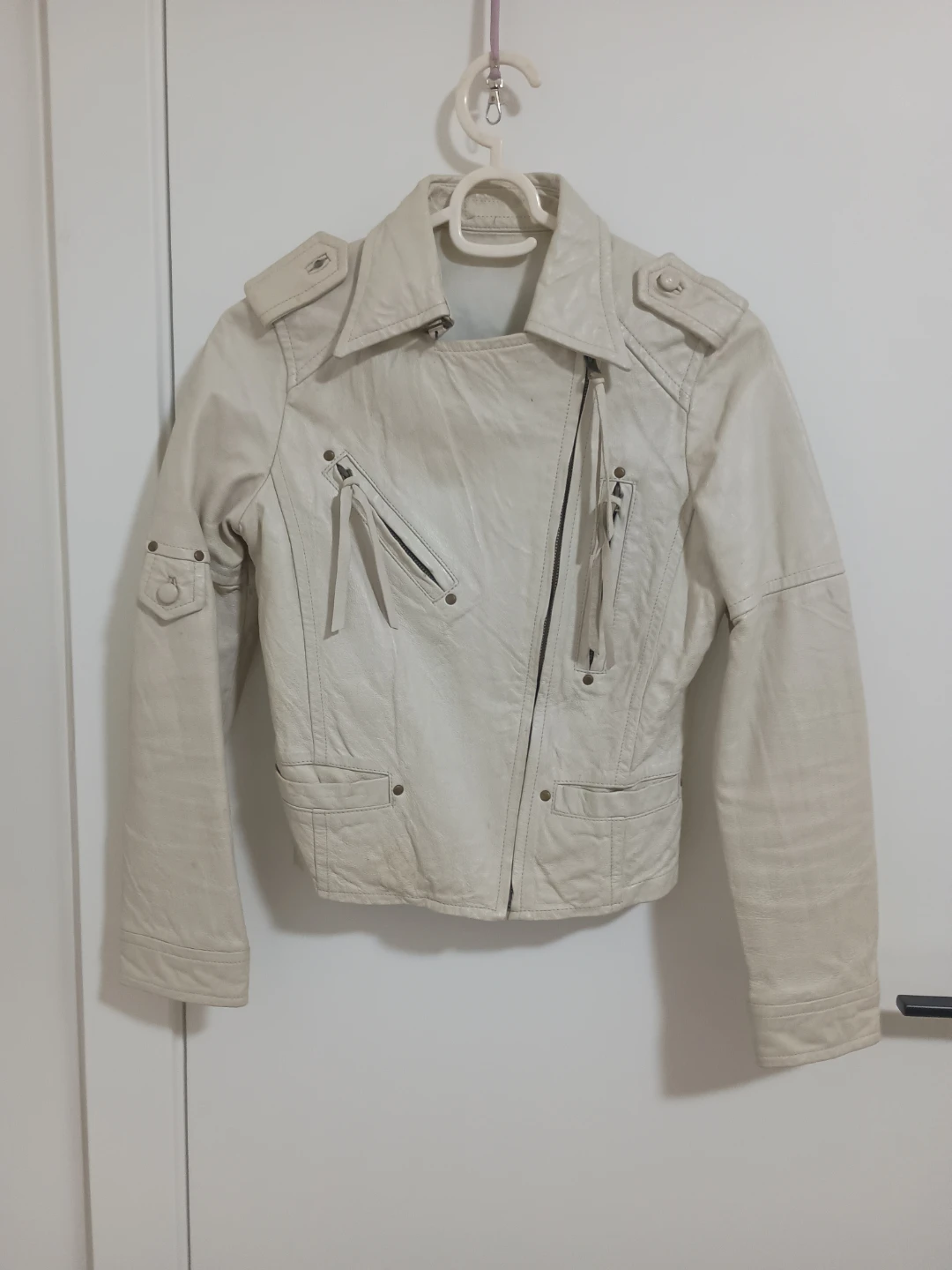 Cream White Leather Biker Jacket