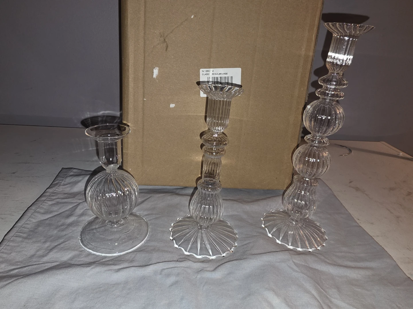 Set of 3 Ribbed Glass Candle Holders