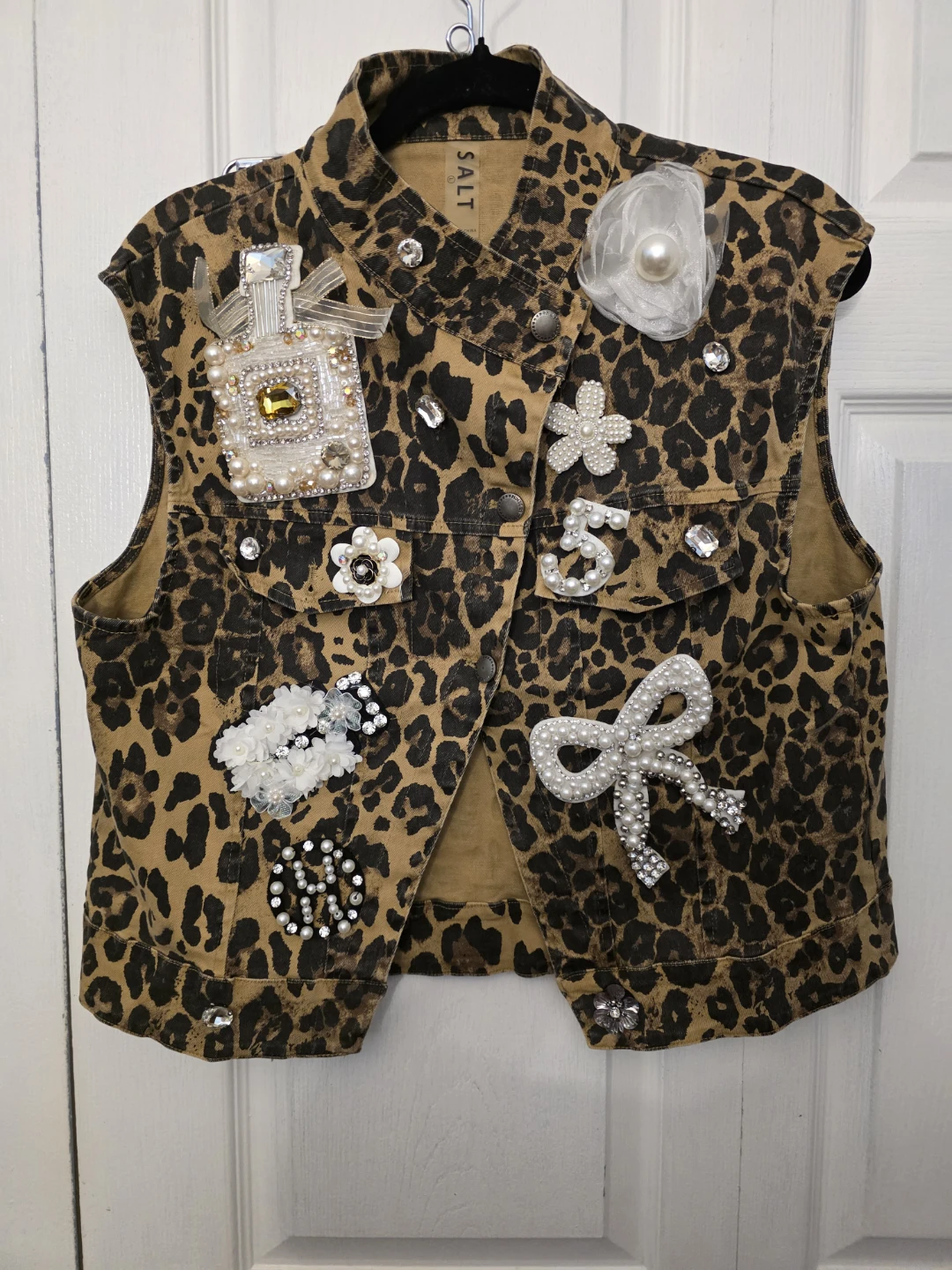 SALT Leopard Print Embellished Denim Vest
