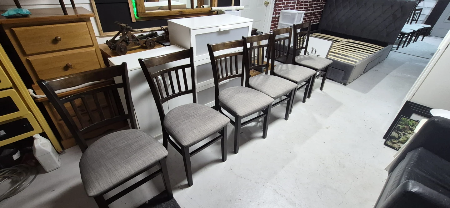 Set of 5 Wooden Dining Chairs with Grey Fabric Seats