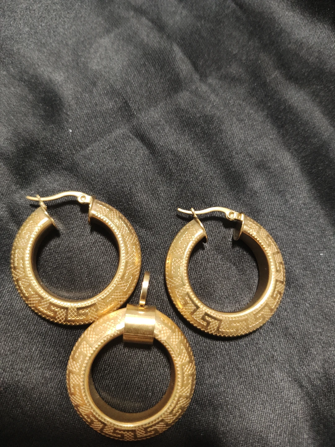 Gold-Tone Greek Key Hoop Earrings and Matching Pendant - photo 3