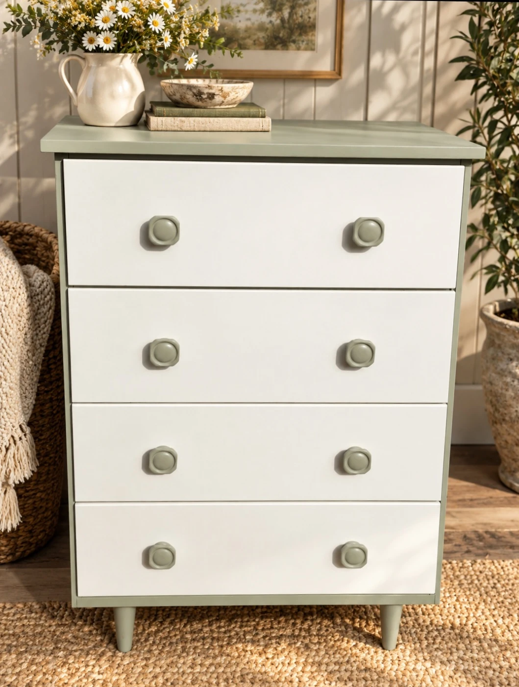 Four-drawer dresser with green and white finish