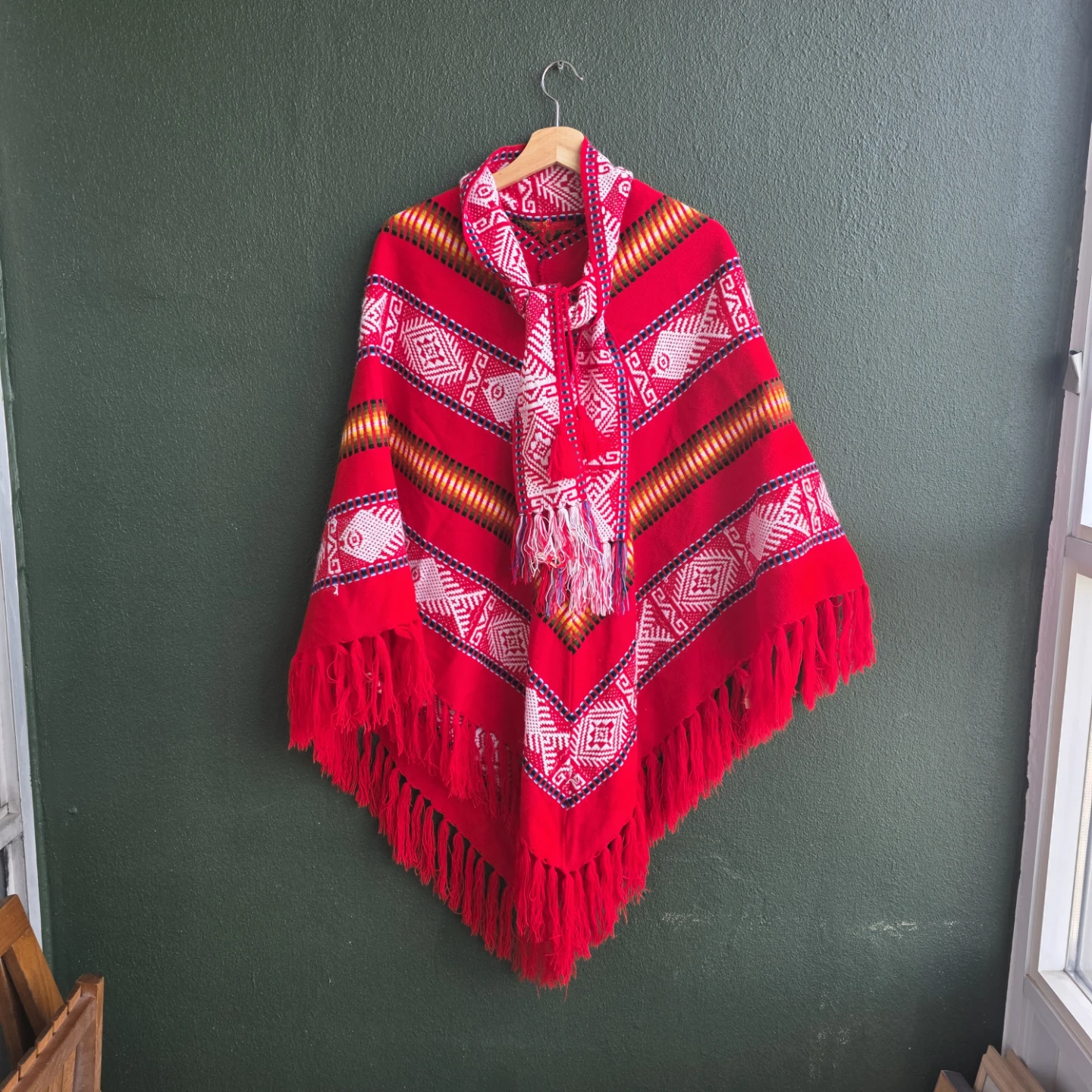 Handmade Red Patterned Fringe Poncho Ecuador - photo 2