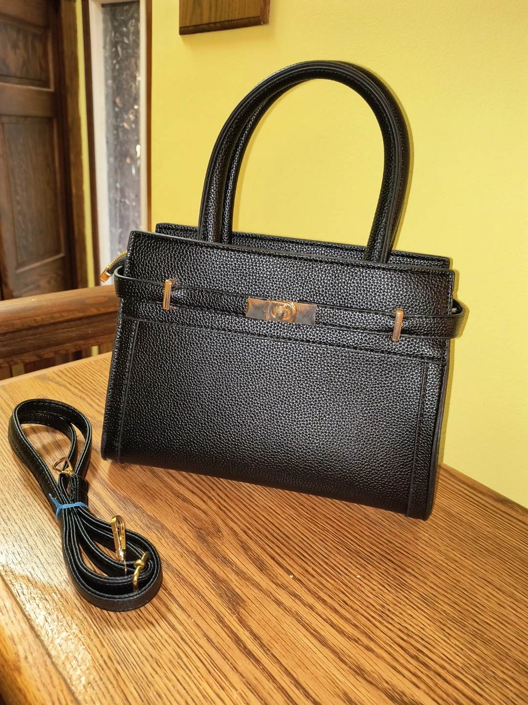 Black Structured Handbag with Shoulder Strap