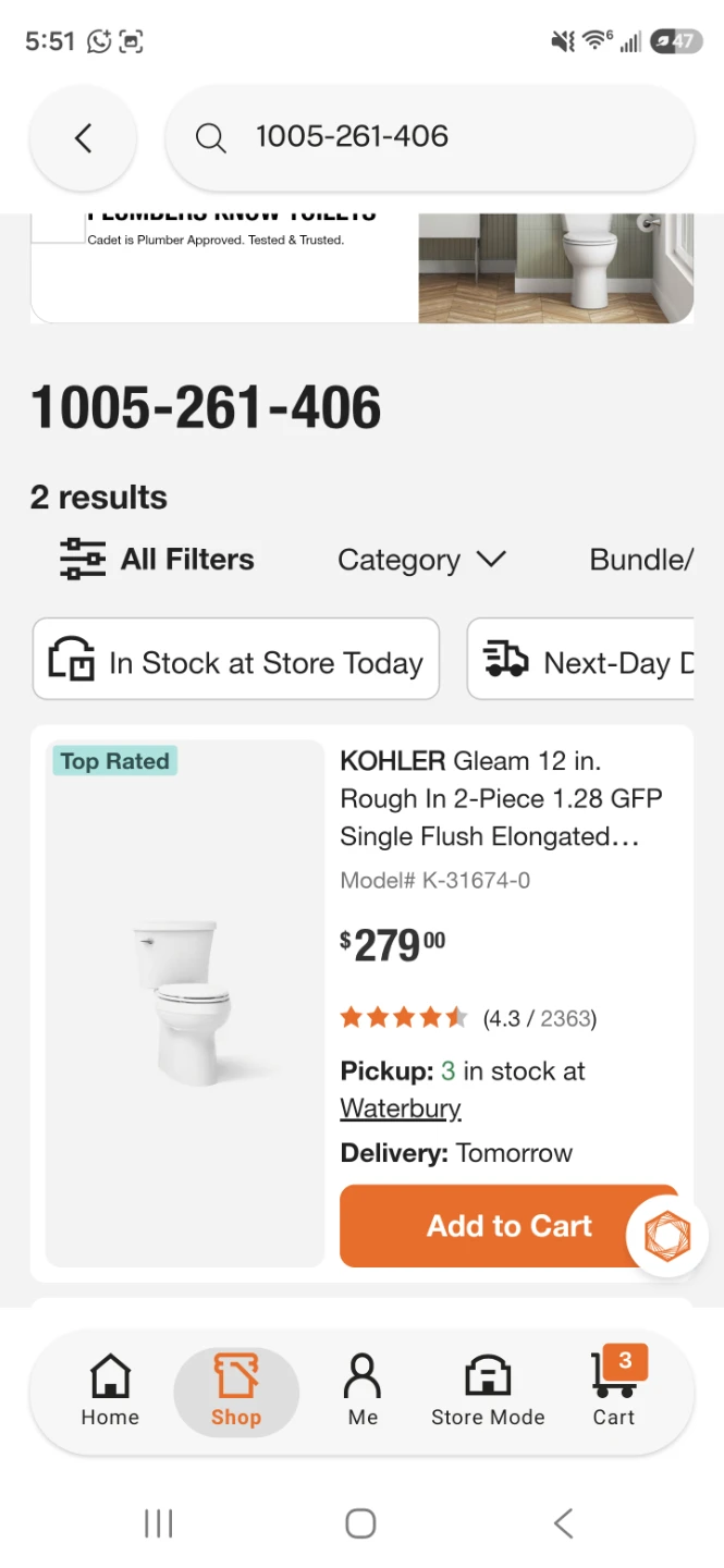 New Kohler Gleam Elongated Toilet K-31674-0