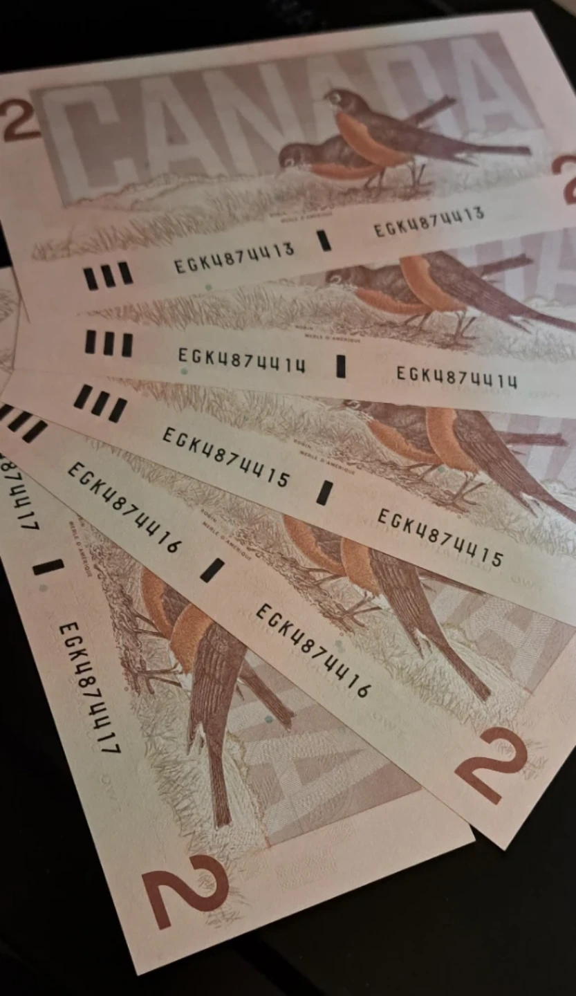 5 Consecutive, 1986 Canadian Two-Dollar, Bird Series Banknotes