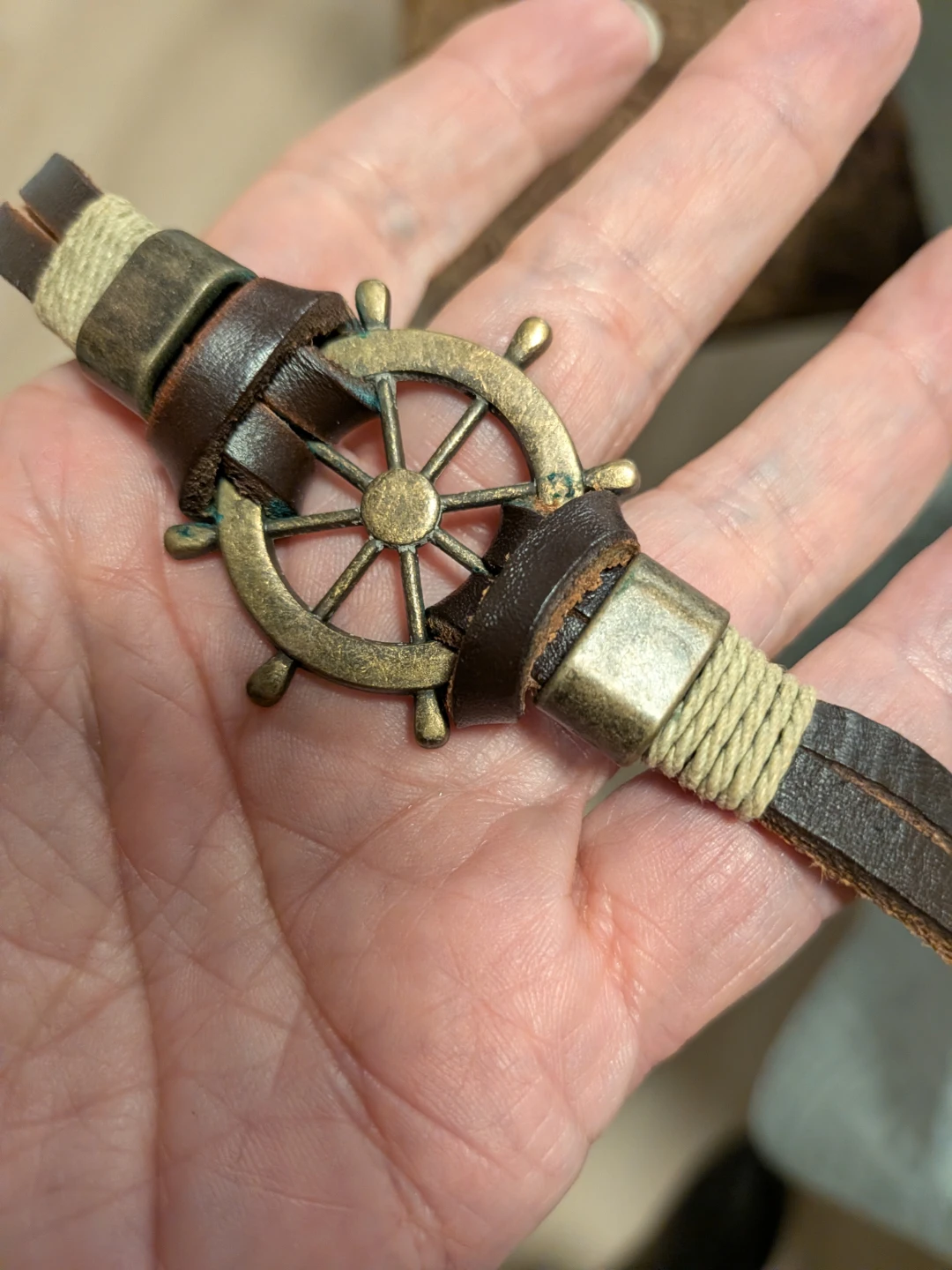 Unisex Nautical leather bracelet with ship wheel charm