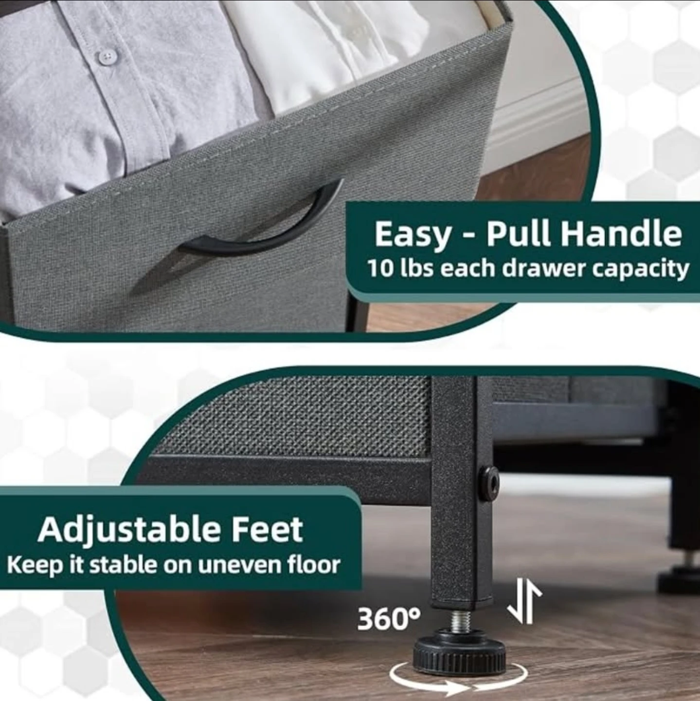 Set of 2 - Gray Fabric Drawer Nightstand with Metal Frame - photo 3