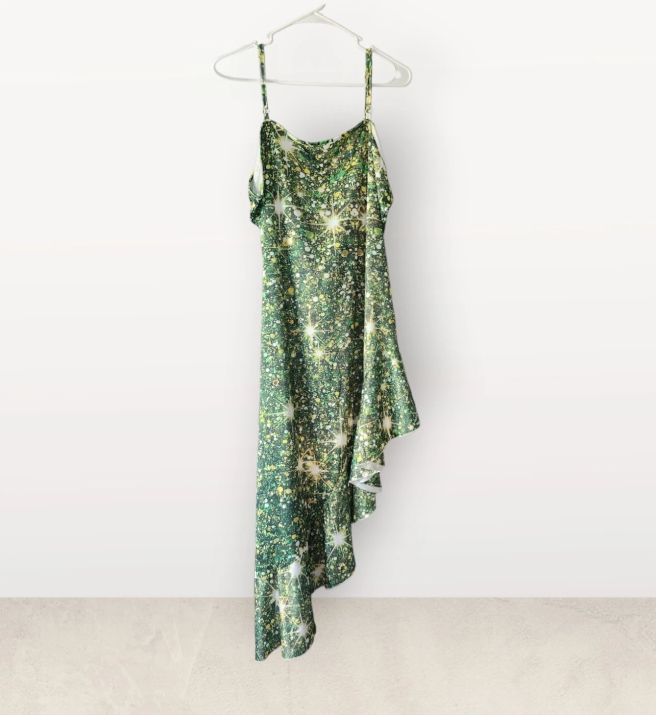 Green Glitter Print High-Low Dress