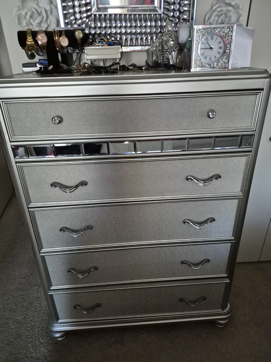 Silver 5-Drawer Mirrored Chest
