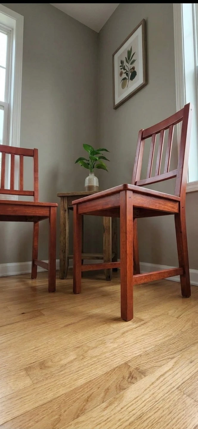 Set of Two Red Stained Wooden Chairs