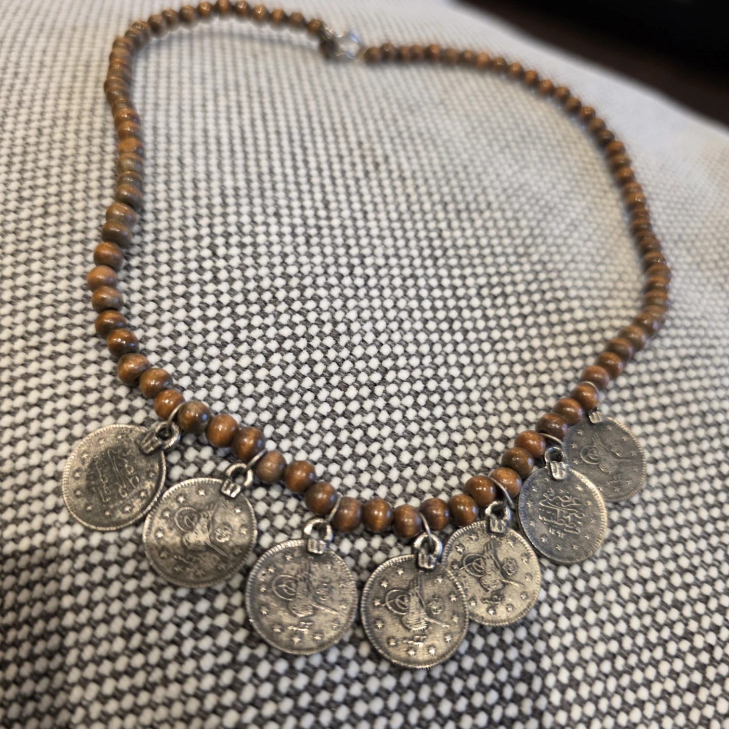 Vintage Wooden Beaded Necklace with Coin Charms