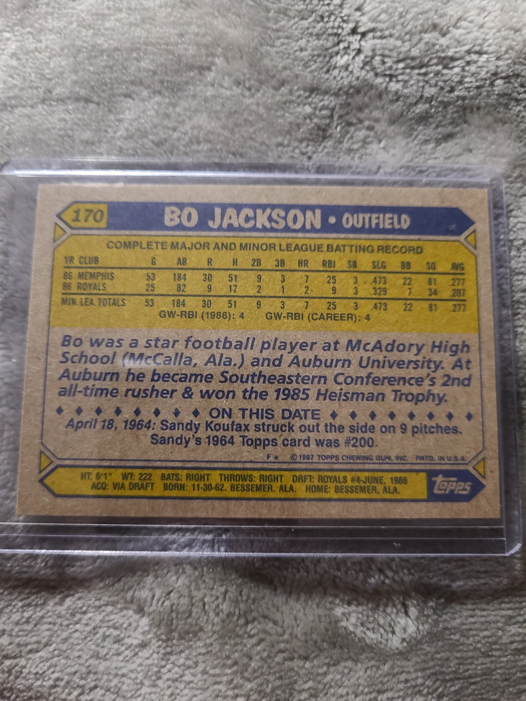1987 Topps Bo Jackson Future Stars Baseball Card - photo 2