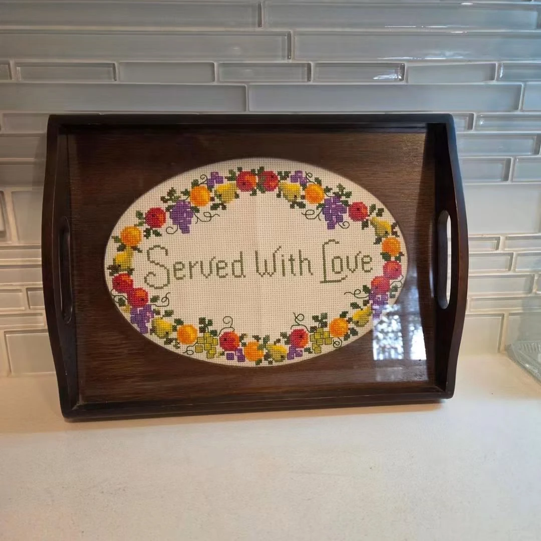 cross stitch wood serving tray