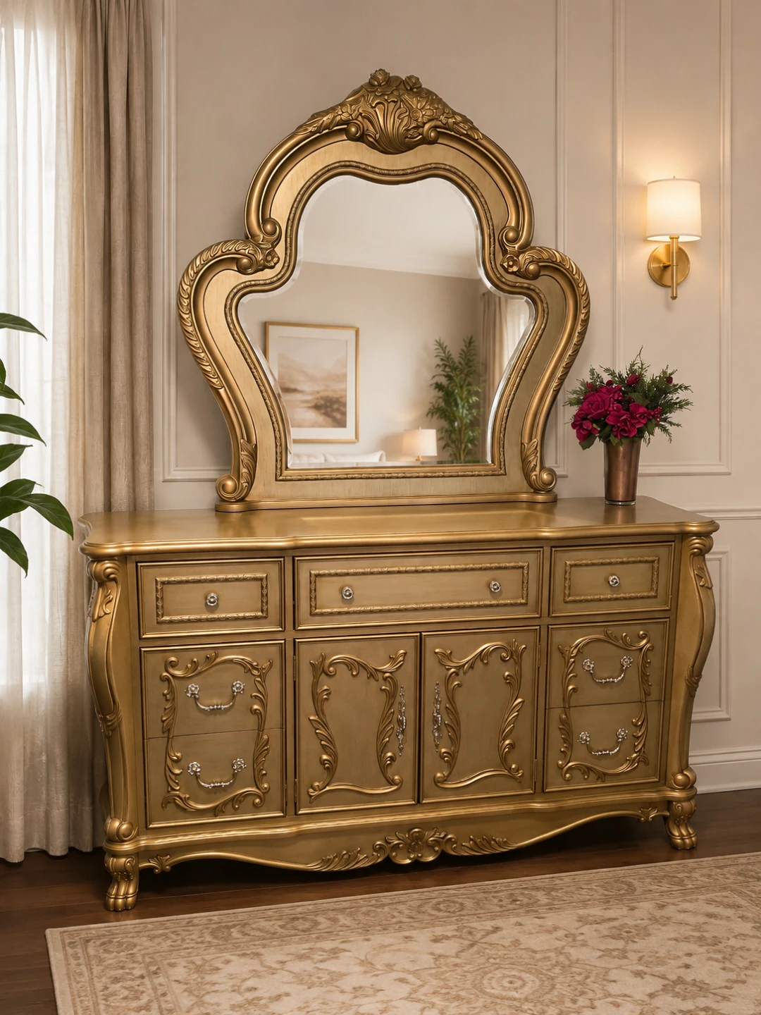 Ornate Champagne Dresser with Matching Mirror