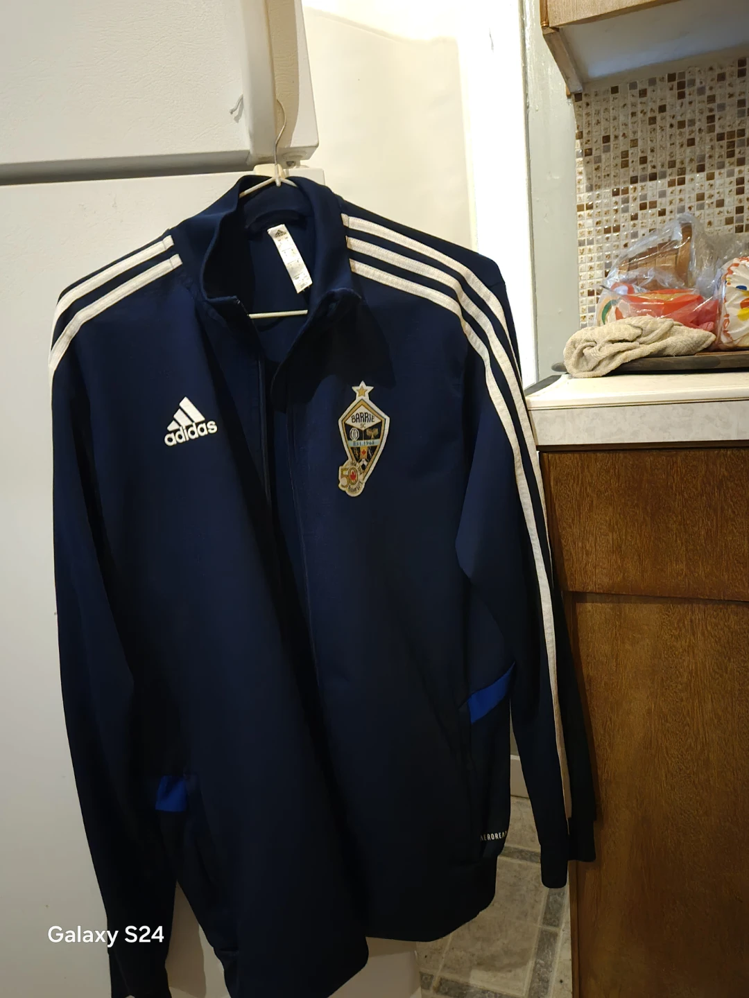 Adidas track jacket in dark blue/white Adidas striping