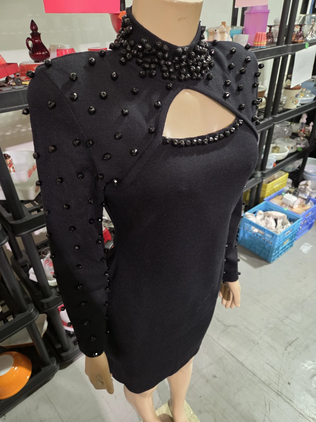 Black Beaded Dress with Cut-out Neckline - photo 5
