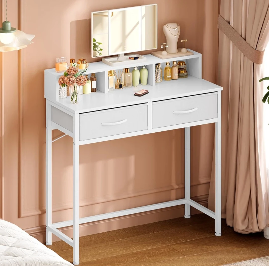 Makeup Vanity Desk With Tri‑Fold Lighted Mirror